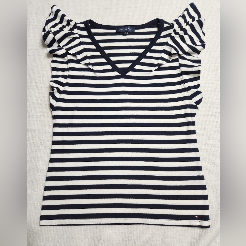 Tommy Hilfiger Women's Striped Ruffle Cotton Shirt Size M